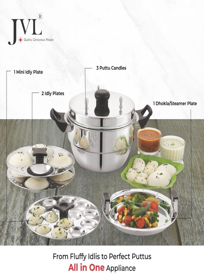 JVL Stainless Steel Puttu Maker with Triply Base (Stainless Steel, 3 Puttu, 2 Idly, 1 Mini Idly & Dhokla Plates) - Image 2